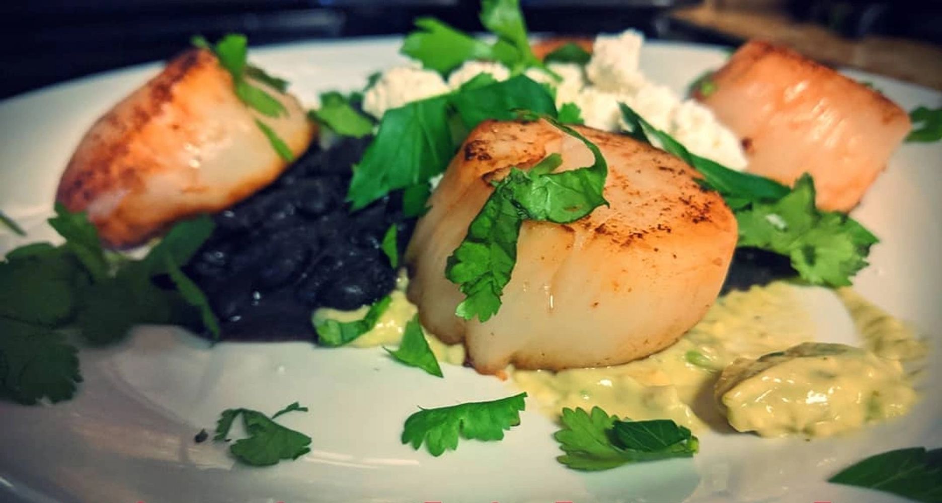Seared Sea Scallops - Frijoles Negros - whipped avocado - herbed goat cheese  