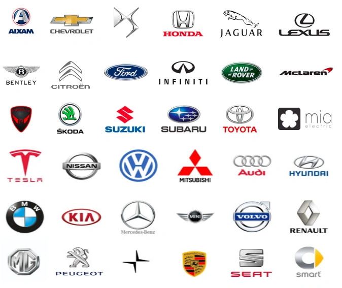 Graphic of 36 car company logos on white background.