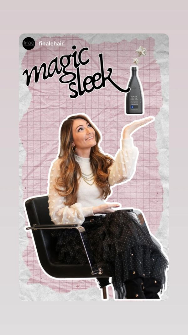 Woman showcasing Magic Sleek hair product with a smile.