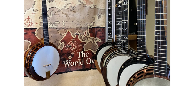An array of Nechville banjos on display at Banjos West.
