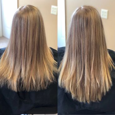 before and after photos of bayalage colored hair extensions
