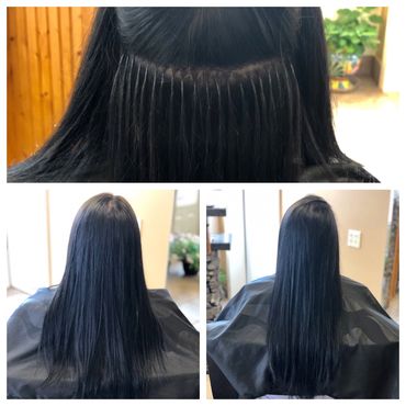 before and after photos of hair extensions along with close up of how they are applied