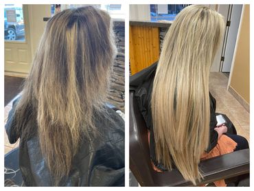 Before and after Great Lengths hair extensions