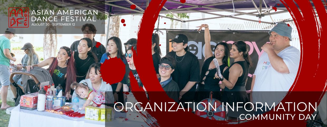 Group of diverse people smiling and posing at Asian American Dance Festival Community Day booth.