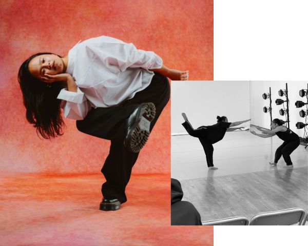 Two images showing contemporary dance movements and practice sessions.