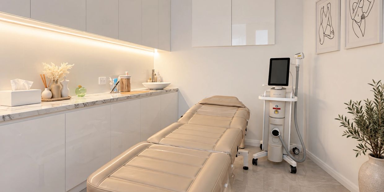 Modern spa treatment room with beige reclining bed and skincare equipment.