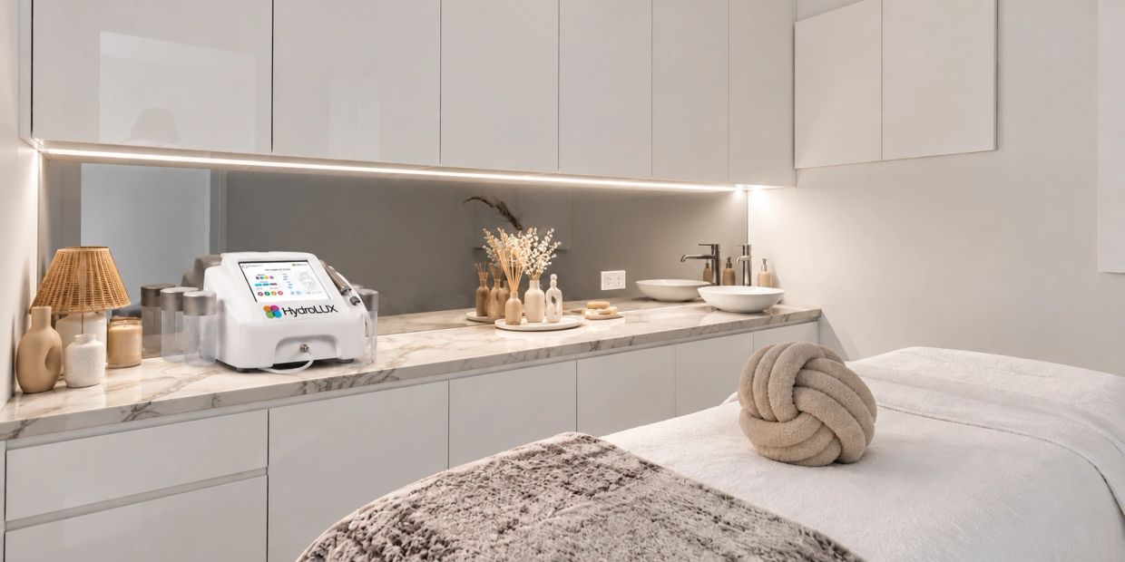 Modern spa treatment room with white decor.