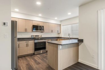 Modern kitchen with light wood cabinets and dark countertops.