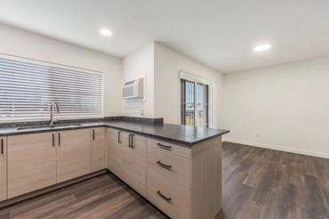 Modern kitchen with light wood cabinets and dark countertops.
