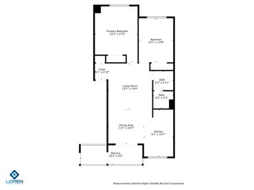 Floor plan of a two-bedroom apartment with two bathrooms and a balcony.