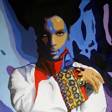 Colorful portrait of the artist known as Prince with bold patterns and shadows.