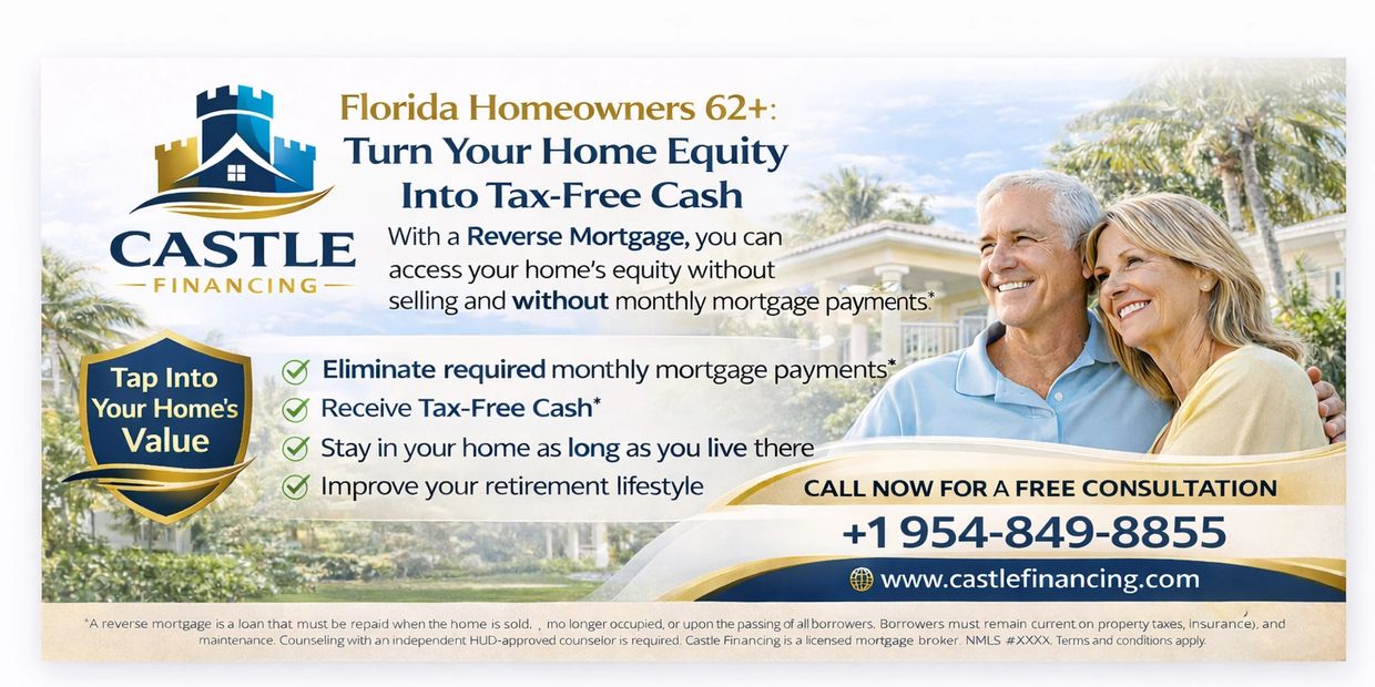 Ad for Florida seniors to access home equity tax-free via reverse mortgage.