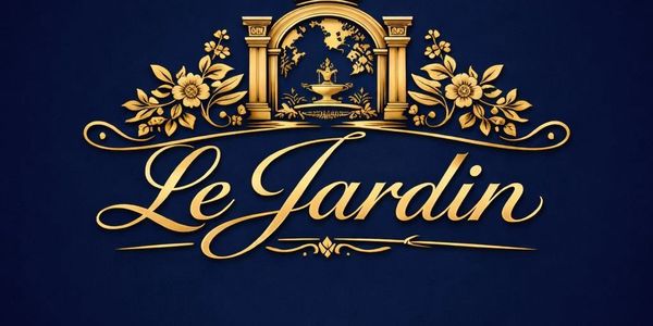 Elegant gold logo of 'Le Jardin' with floral and crown design on dark background.