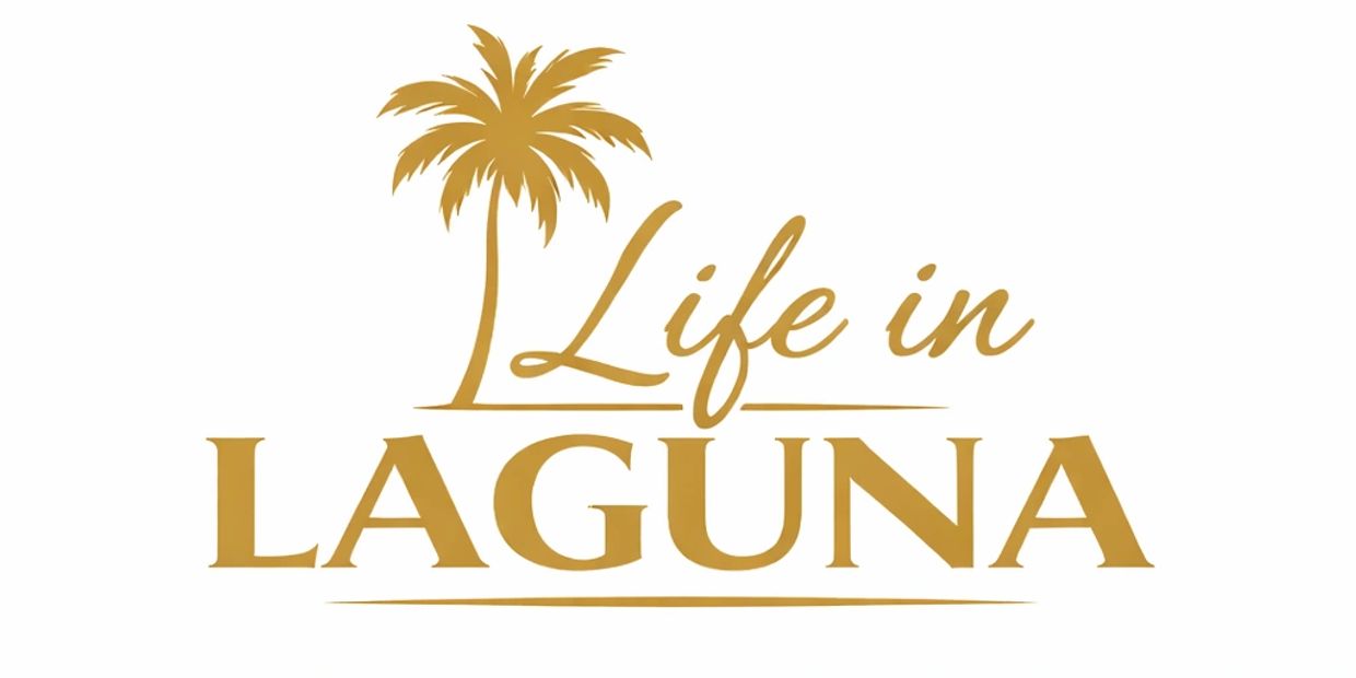 Logo with a palm tree and text Life in Laguna in golden color.
