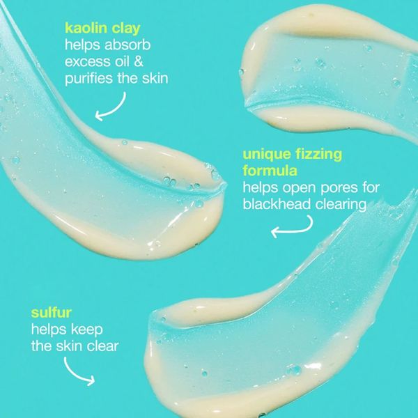 Skincare formula with kaolin clay, fizzing formula, and sulfur for oil absorption, pore cleaning, and clear skin.
