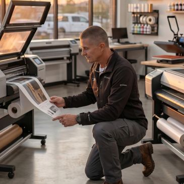 Man checking print quality in a print shop.