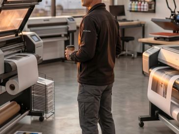 Man in a printing workshop holding a coffee cup.
