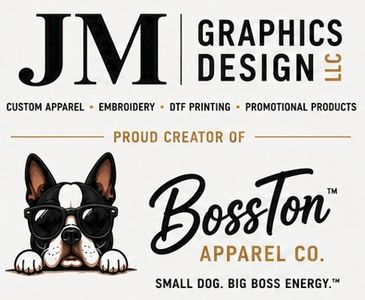 Logo for JM Graphics Design LLC featuring Boston Terrier with sunglasses.