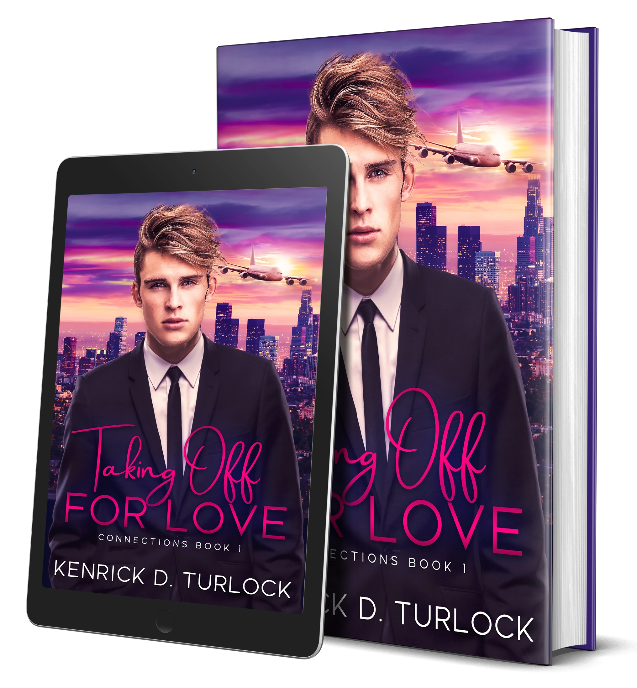 Romantic book cover featuring a young man in a suit with a city and airplane backdrop.