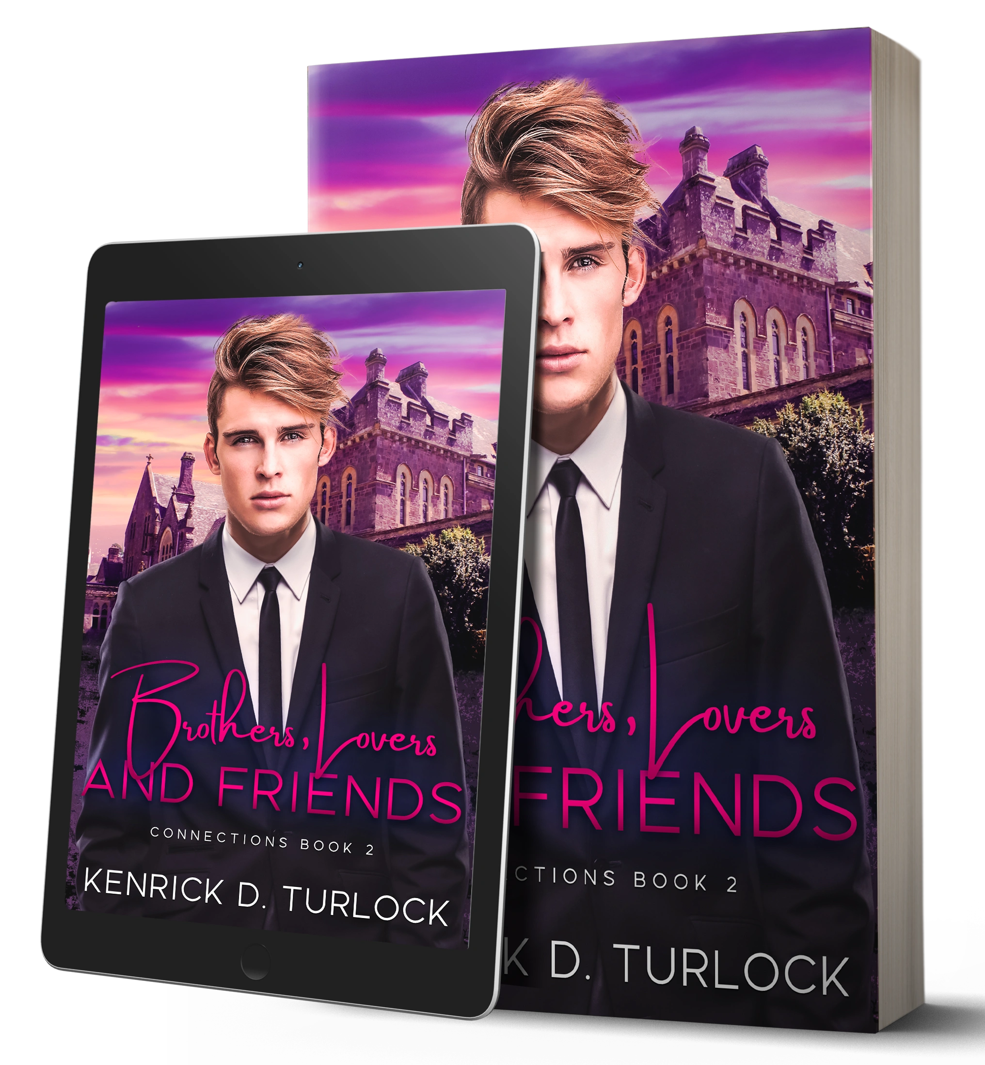Book cover of "Brothers, Lovers and Friends" featuring a young man in a suit against a purple sunset backdrop.