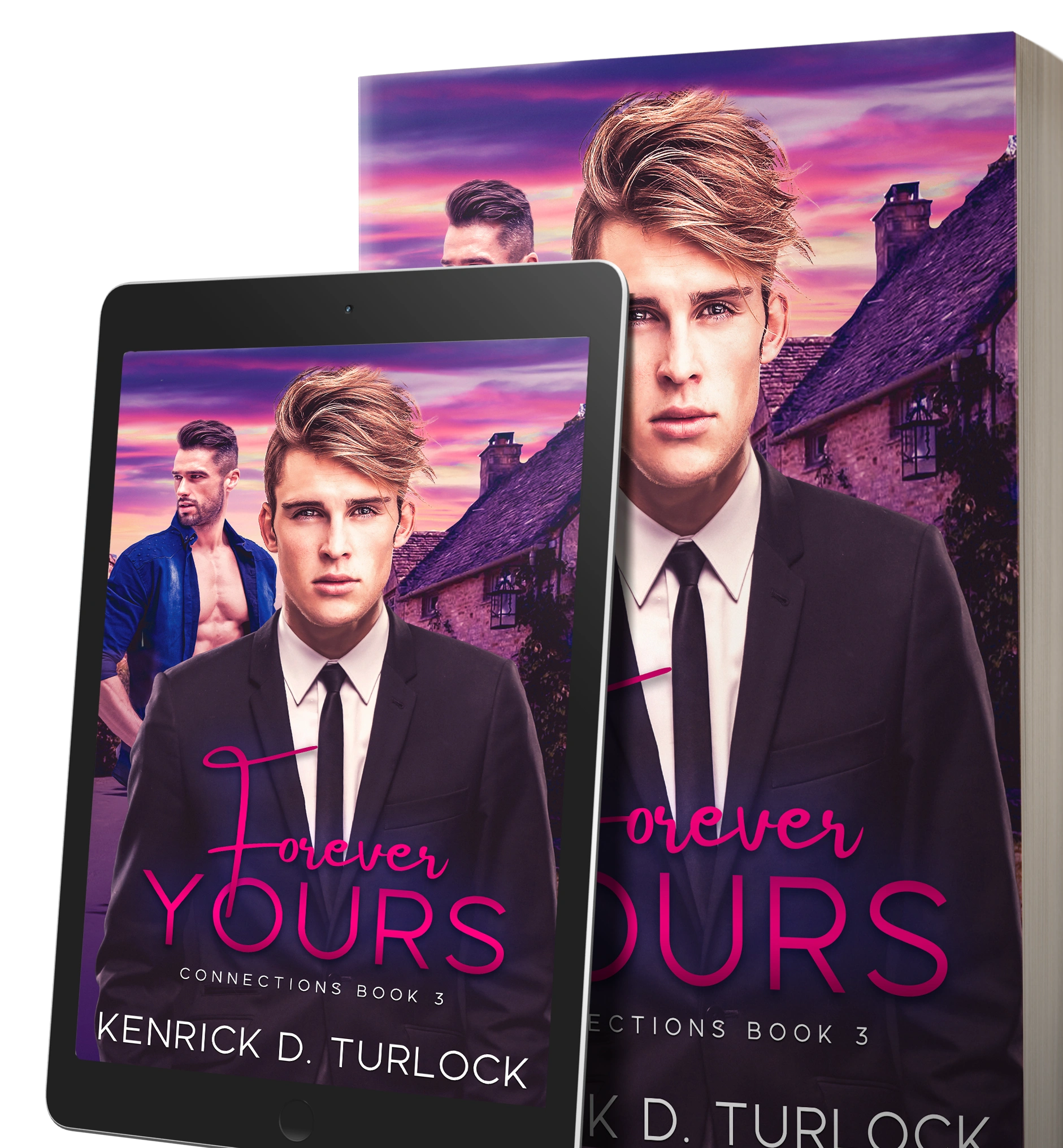 Cover of 'Forever Yours' by Kenrick D. Turlock, featuring two men against a sunset village backdrop.
