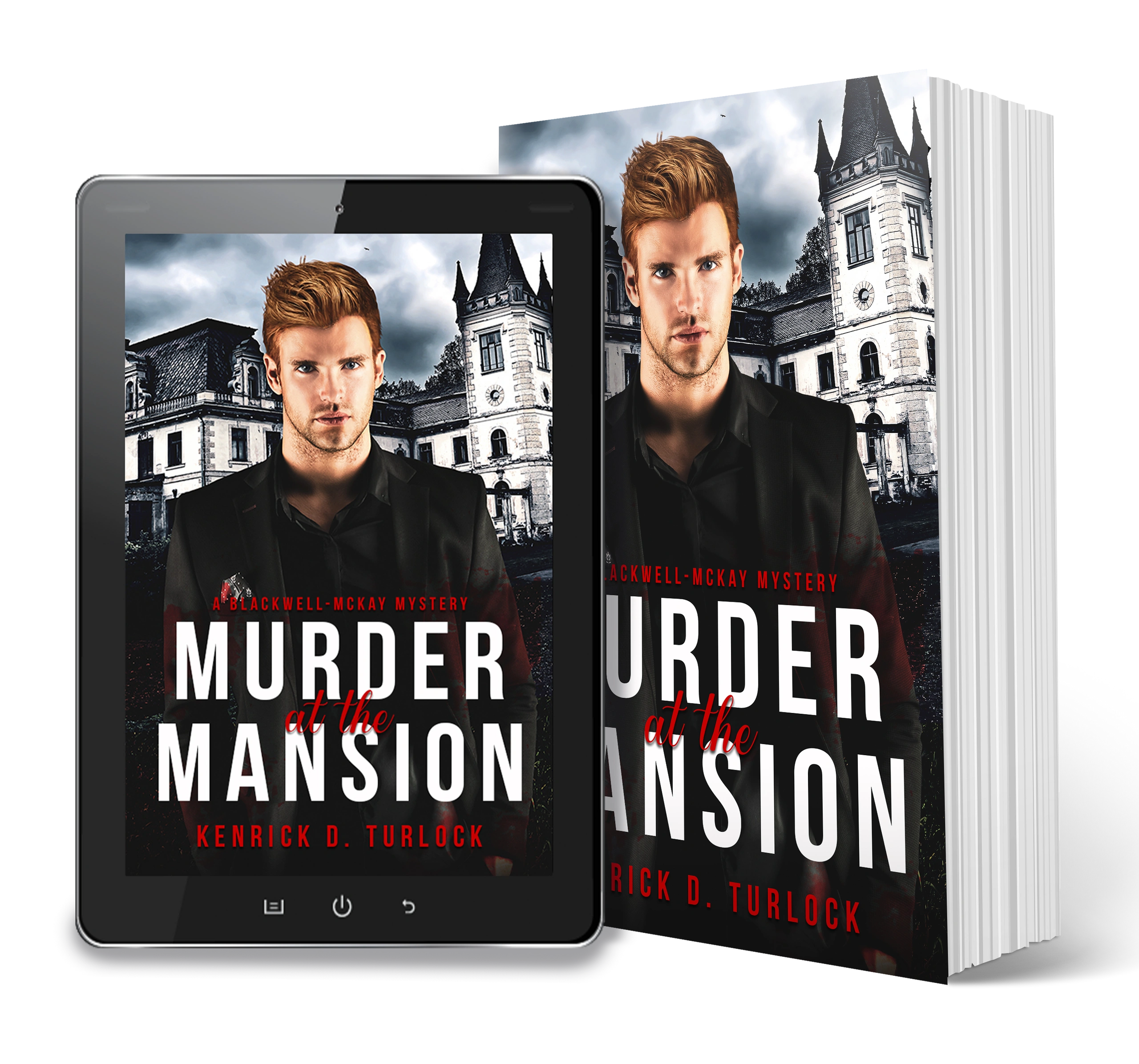 Book cover of a mystery novel featuring a serious man and a mansion background.