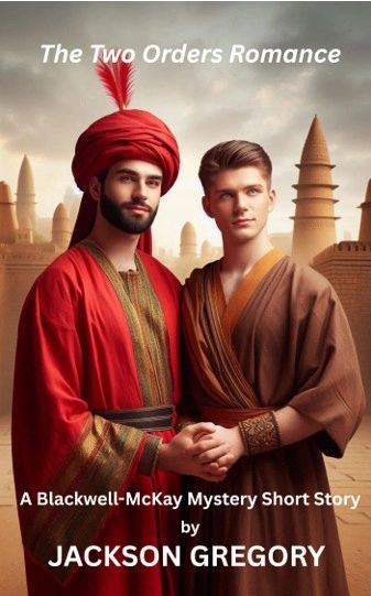 Two men in historical robes holding hands against an ancient city backdrop.