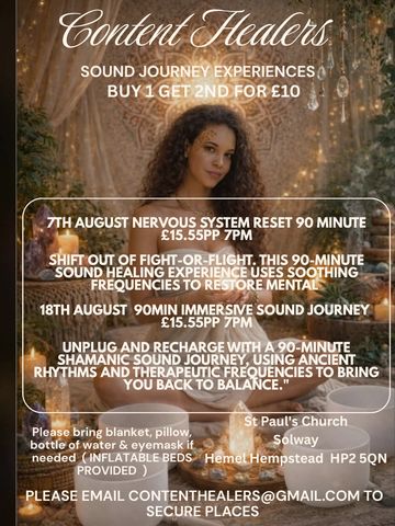 Poster for Content Healers sound journey events on 7th and 18th August.