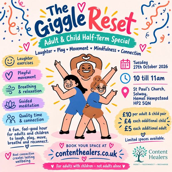 The Giggle Reset event for adults and children, focusing on laughter, play, and mindfulness.