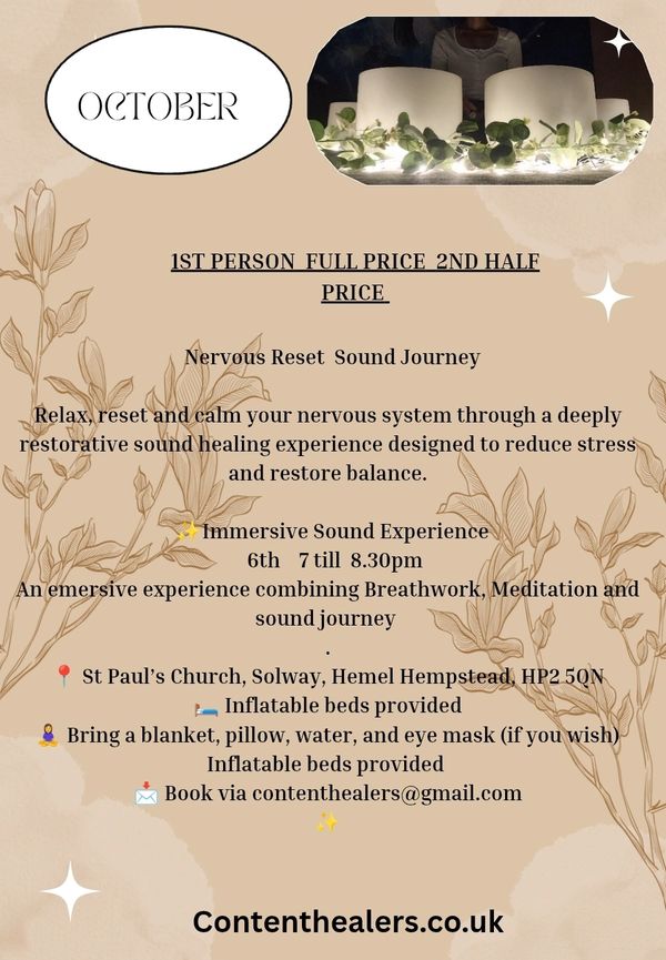Flyer for Nervous Reset Sound Journey event in October with discounted pricing.