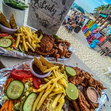 Plates of food on Isla Mujeres, Mexico at Palapa "Leidy"
