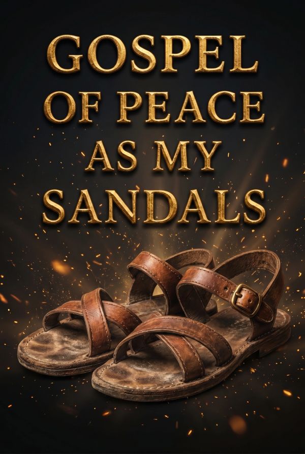 Brown leather sandals beneath bold golden text about peace and gospel.