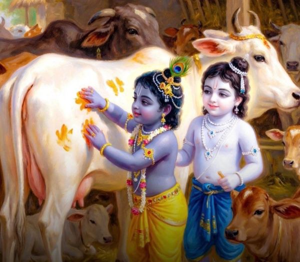 Young Krishna and friend playing with cows in a pastoral setting.