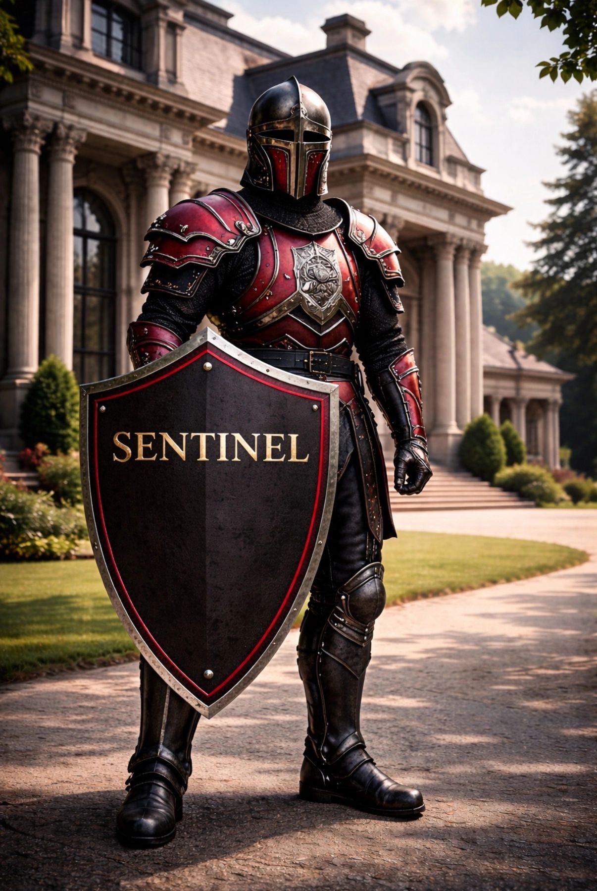 Knight in red armor holding a shield labeled SENTINEL.