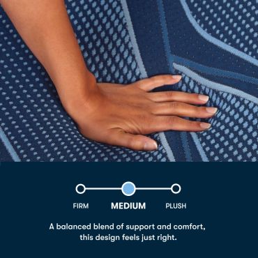 Hand pressing on a medium firmness mattress with balance indicator.