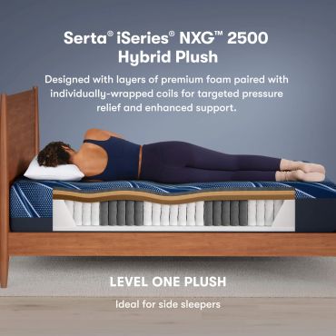 Woman lying sideways on Serta NXG 2500 Hybrid Plush mattress.