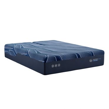 Blue patterned mattress with a dark base and snowflake icons.