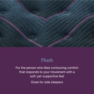 Textured fabric with purple border and descriptive text about plush comfort.