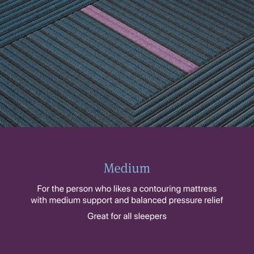 Close-up of a contoured mattress with blue and purple fabric.