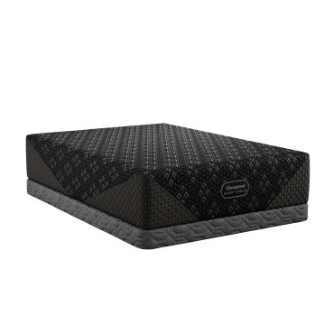 Black Beautyrest hybrid mattress on gray base.