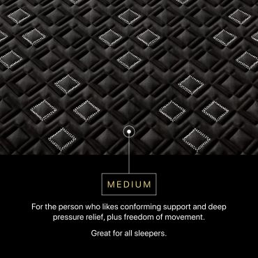 Black medium mattress with diamond quilting and white stitching.