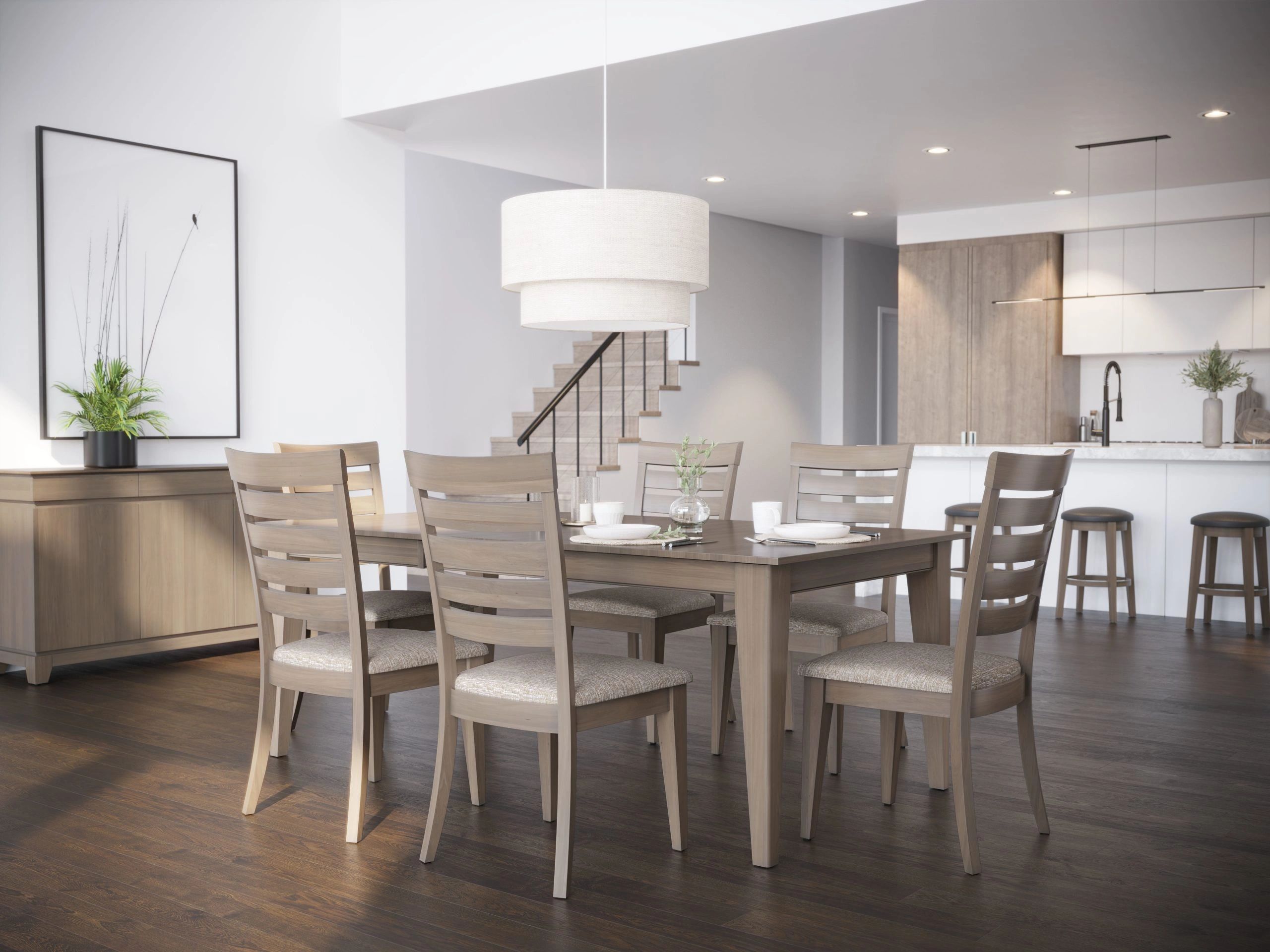 A beautiful dining room matching wood tones to give great ideas to customers.