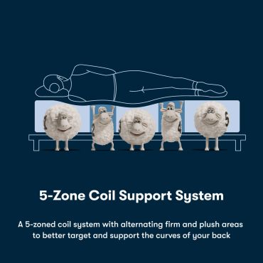 Cartoon sheep explain a 5-zone coil support mattress system.