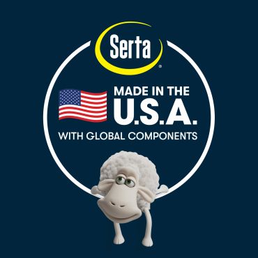 Serta logo with a USA flag and a sheep mascot.