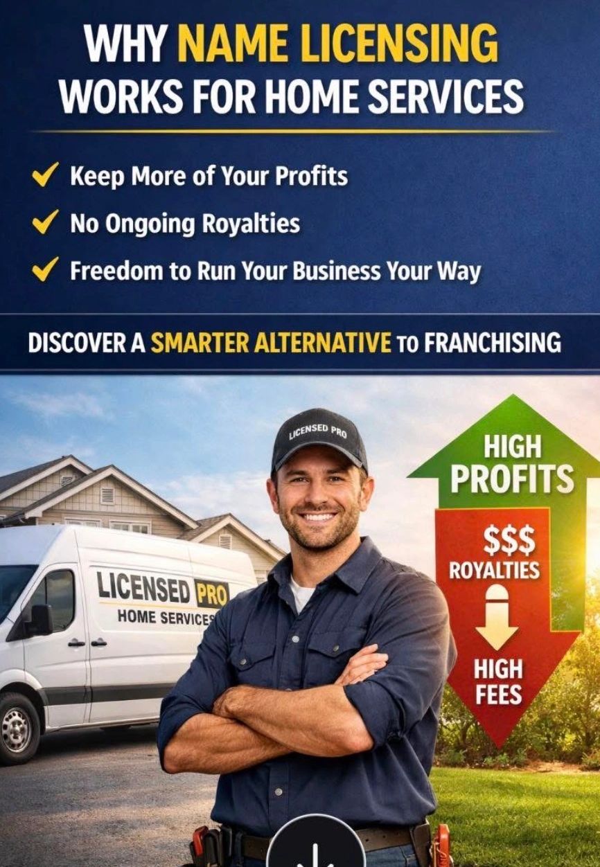 Man promoting name licensing for home services with benefits and a service van.