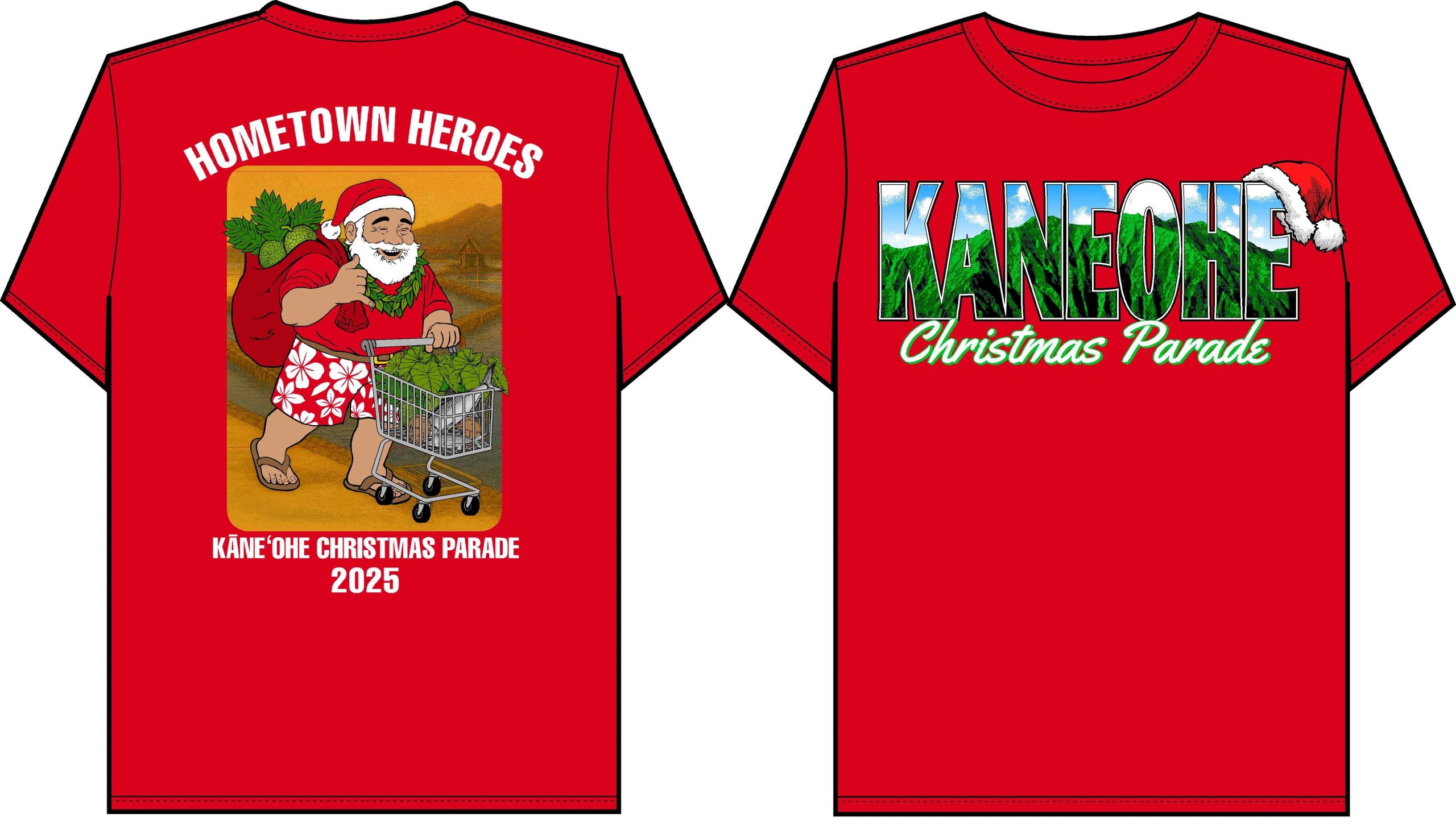 2025 Kaneohe Christmas Parade shirt showing both the front and back designs