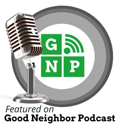 Logo for Good Neighbor Podcast with a vintage microphone.