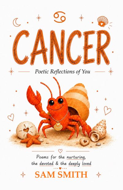 Book cover for Cancer zodiac sign with a cute crab and poetic theme.