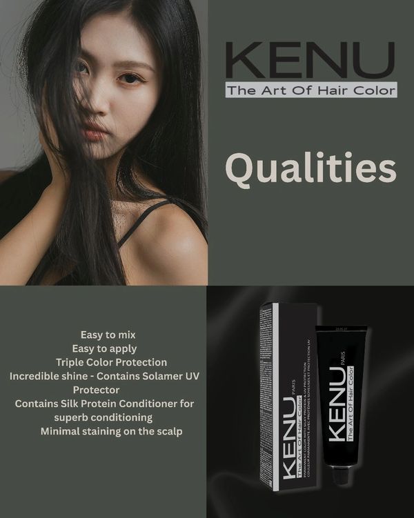KENU hair color qualities with a model and product image.