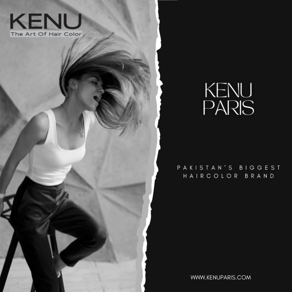 Black and white ad for Kenu Paris hair color brand in Pakistan.